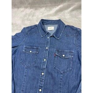 Levi's Chambray Shirt Women Small Pearl Snap Vintage Plaid Shoulder Cowgirl
